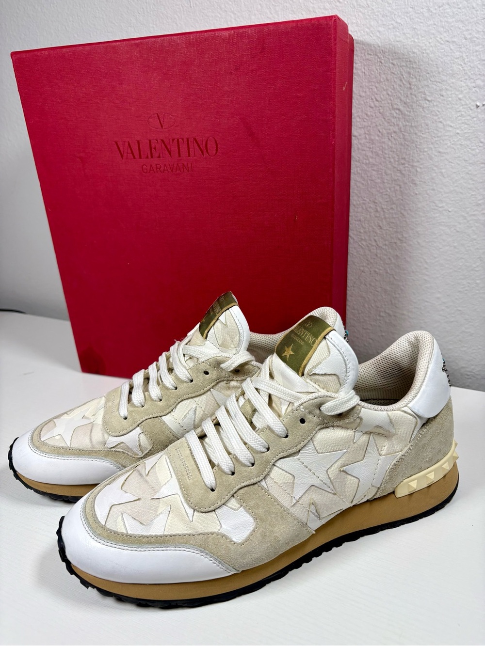 Valentino Garavani 9.5 Rockrunner Camustars Suede White Leather Sneakers W/Box